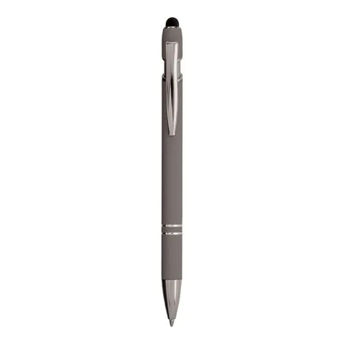 Penna a scatto in alluminio gommato con gommino per touch screen e clip in metallo