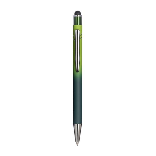 Penna a scatto in alluminio gommato. Fusto sfumato, clip e particolari metallizzati