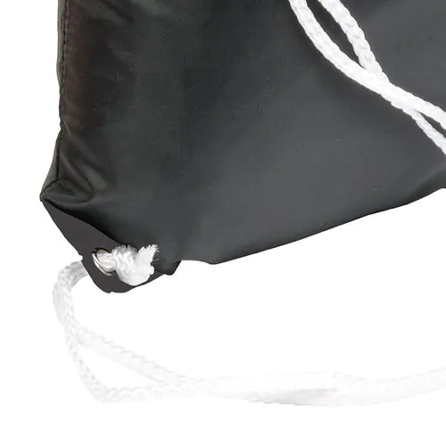 Black 210T polyester backpack with drawstring closure, reinforced black corners