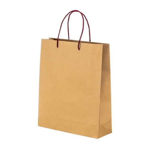 Sacchetto in carta naturale riciclata da 150 g/m2, con soffietto e manici corti colorati Sacchetto in carta naturale riciclata da 150 g/m2, con soffietto e manici corti colorati