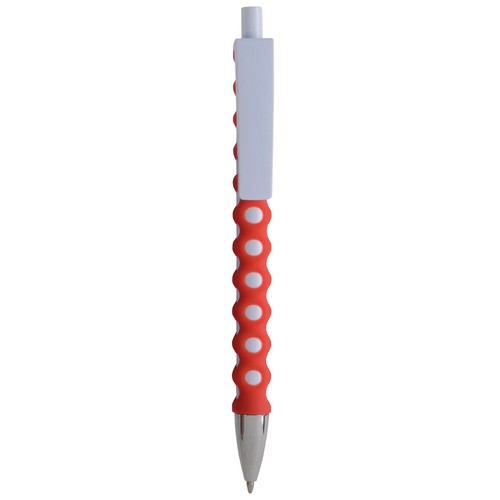 Plastic snap pen with white barrel, clip and button