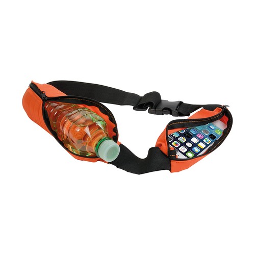Slim, spandex 2-pocket waist bag with adjustable waist strap and clip closure