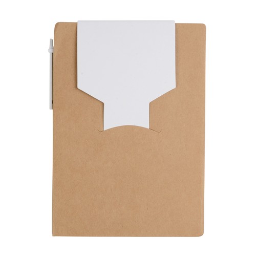Recycled-paper notepad with cardboard pen and sticky notes