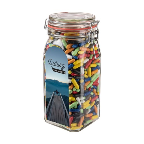 Big glass jar 1,5 liter, filled with candy Big glass jar 1,5 liter, filled with candy