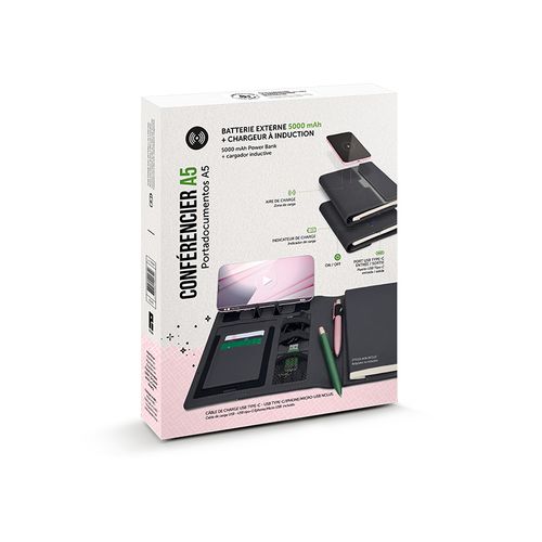 A5 PORTFOLIO WITH 5000 mAh POWERBANK AND INDUCTION CHARGER