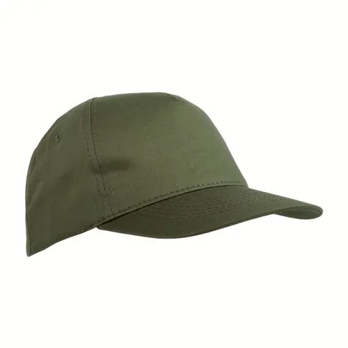 Cotton 5-panel cap with 2 mm-thick visor, embroidered eyelets and adjustable velcro strap