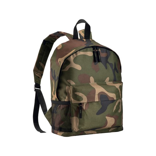 600D polyester 3-pocket camouflage backpack (one mesh side pocket). Adjustable shoulder