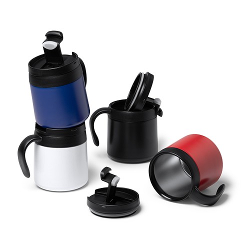 Double-walled thermal mug with screw-on lid and co Flora