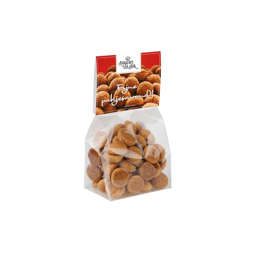 Block bottom bag with header card and 50 grams of sweets Block bottom bag with header card and 50 grams of sweets