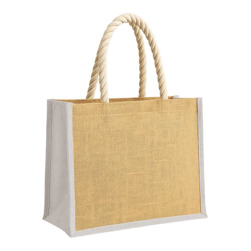 Jute bag with long rope handles and coloured inserts. With gusset Jute bag with long rope handles and coloured inserts. With gusset