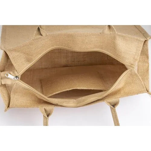 Borsa in juta con manici in cotone. Dotata di chiusura a zip