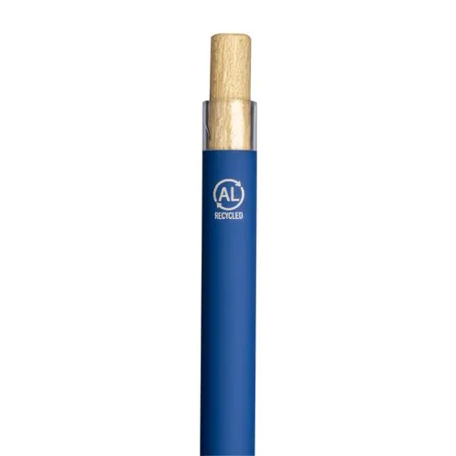 Rubberized recycled aluminum snap pen. Burnished details , bamboo button and grip