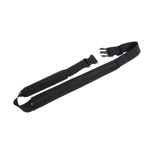 Slim, spandex 2-pocket waist bag with adjustable waist strap and clip closure Slim, spandex 2-pocket waist bag with adjustable waist strap and clip closure