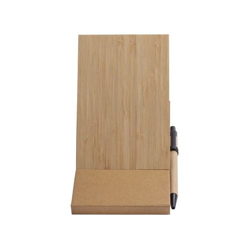 Notepad with bamboo cover (70 sheets), sticky notes, ballpen and phone holder.