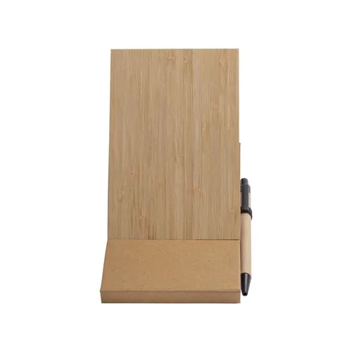 Notepad with bamboo cover (70 sheets), sticky notes, ballpen and phone holder. Notepad with bamboo cover (70 sheets), sticky notes, ballpen and phone holder.