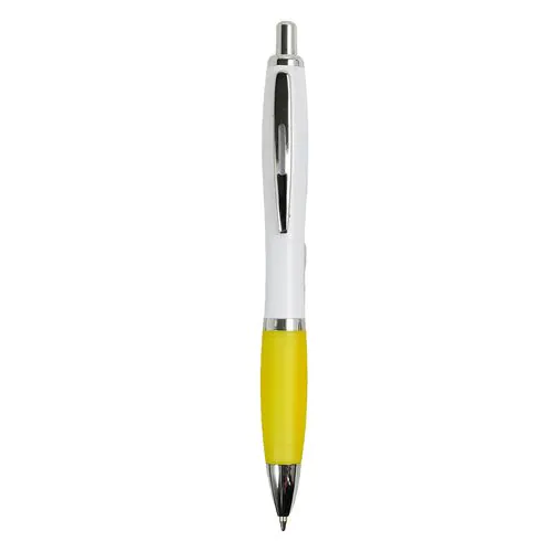 Penna a scatto in plastica ABS, con fusto bianco, impugnatura colorata gommata Penna a scatto in plastica ABS, con fusto bianco, impugnatura colorata gommata