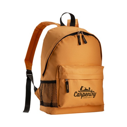 600D polyester 3-pocket backpack (one mesh side pocket). Adjustable shoulder straps