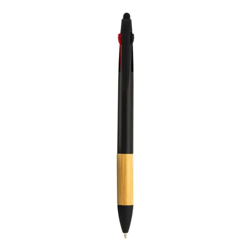 Penna a scatto in plastica con 3 refill, con gommino per touch screen, impugnatura in bamb Penna a scatto in plastica con 3 refill, con gommino per touch screen, impugnatura in bamb
