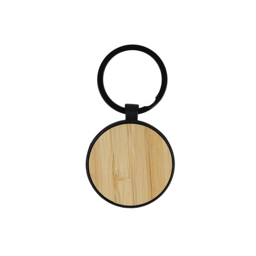 Bamboo and metal keychain round