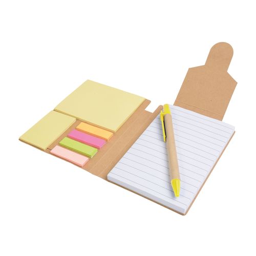 Recycled-paper notepad with cardboard pen and sticky notes