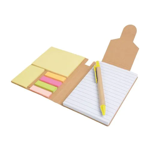 Recycled-paper notepad with cardboard pen and sticky notes