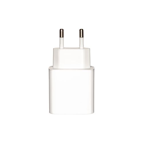 ABS USB wall charger with 1 USB A port and 1 USB-C port. With 2-pin European plug