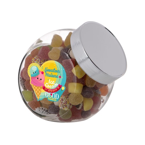 Medium glazen pot, gevuld met snoep Medium glazen pot, gevuld met snoep