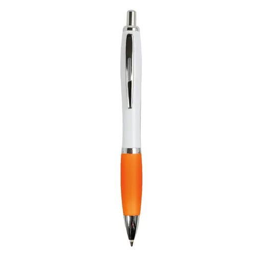 Penna a scatto in plastica ABS, con fusto bianco, impugnatura colorata gommata