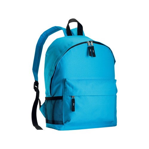 600D polyester 3-pocket backpack (one mesh side pocket). Adjustable shoulder straps