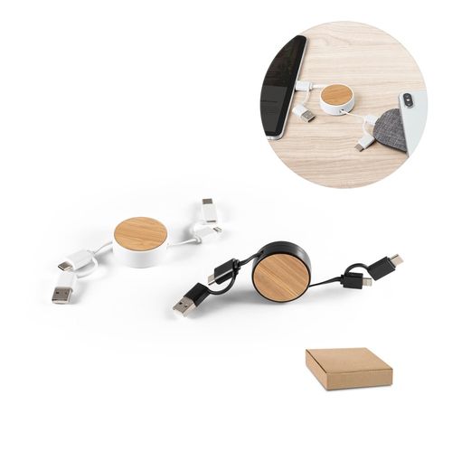 RUBINS. Câble USB rétractable 6 en 1 en ABS recyclé (100 % rABS) et bambou RUBINS. Câble USB rétractable 6 en 1 en ABS recyclé (100 % rABS) et bambou