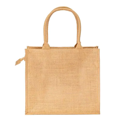Borsa in juta con manici in cotone. Dotata di chiusura a zip Borsa in juta con manici in cotone. Dotata di chiusura a zip