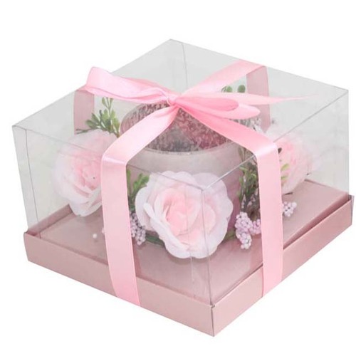 PINK GLASS CANDLE WITH FLOWERS