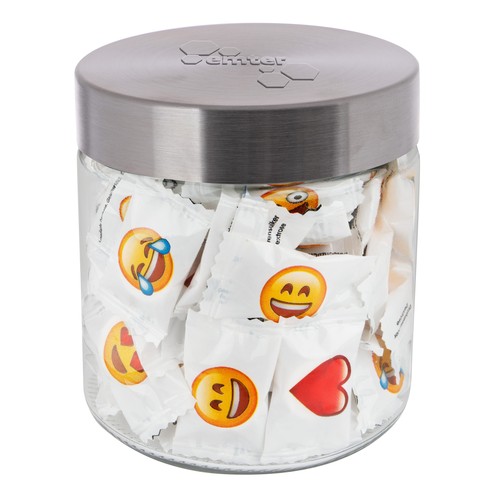 Bocal en verre de 0,9 litre avec embossage, rempli de bonbons Bocal en verre de 0,9 litre avec embossage, rempli de bonbons