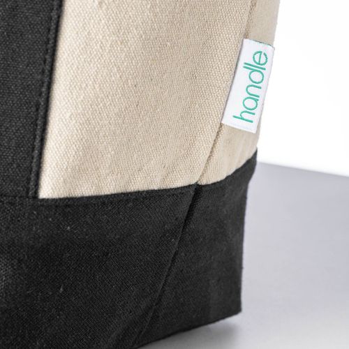Mini borsa shopper in cotone riciclato da 340 g/m2 con manici e base colorati. GRS Mini borsa shopper in cotone riciclato da 340 g/m2 con manici e base colorati. GRS