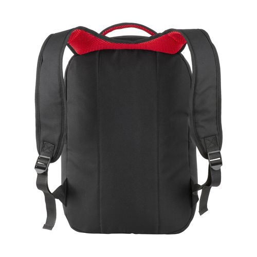 600D polyester PC backpack. Main laptop pocket and 3 front pockets. Breathable material