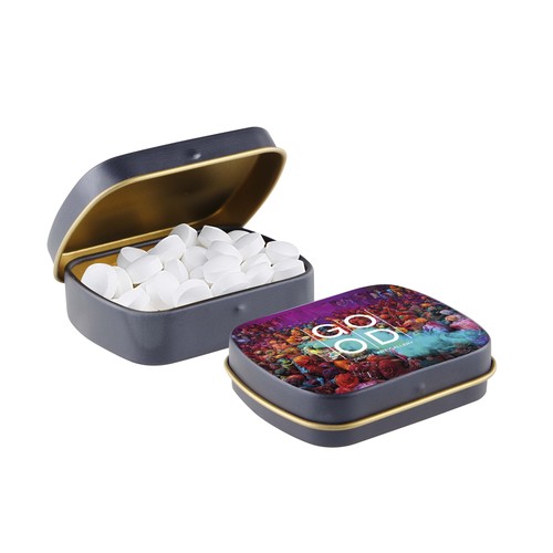 Mini hinge tin filled with peppermint Mini hinge tin filled with peppermint