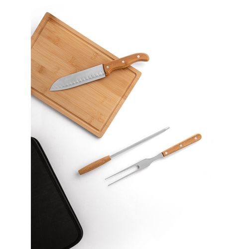 FLARE. Five-piece wooden and stainless steel barbecue set with bamboo board FLARE. Five-piece wooden and stainless steel barbecue set with bamboo board