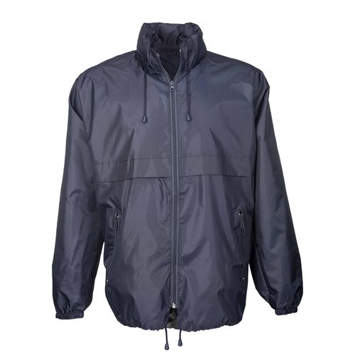 190T polyester windbreaker with fold-away hood with zip. Folds up into a waist bag