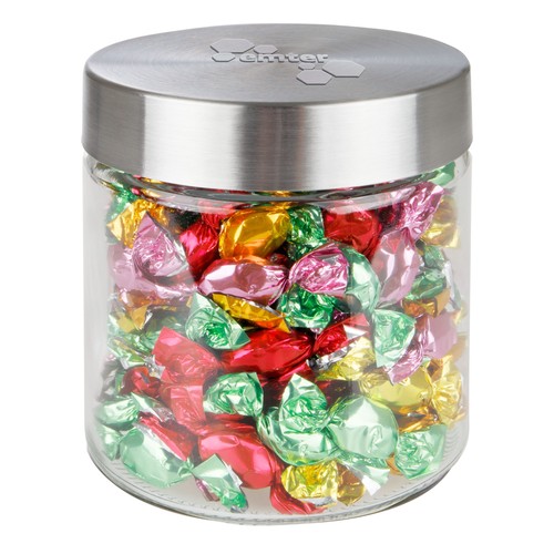 Bocal en verre de 0,9 litre avec embossage, rempli de bonbons Bocal en verre de 0,9 litre avec embossage, rempli de bonbons