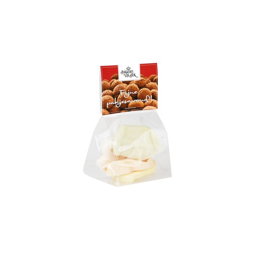 Block bottom bag with header card and 50 grams of sweets Block bottom bag with header card and 50 grams of sweets