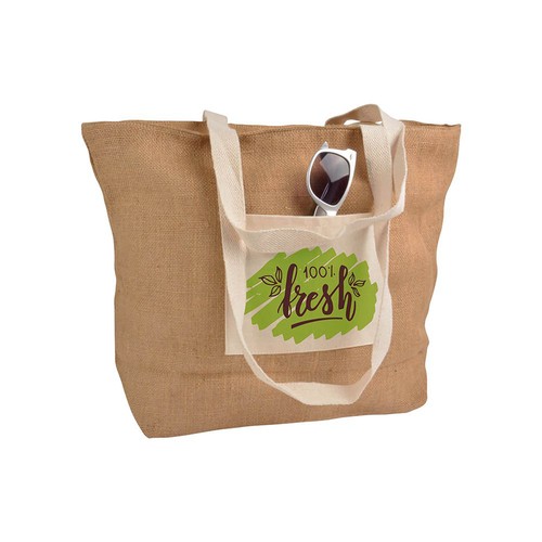 Shopper con soffietto alla base in juta con manici e tasca esterna (18 x 15 cm) in cotone Shopper con soffietto alla base in juta con manici e tasca esterna (18 x 15 cm) in cotone