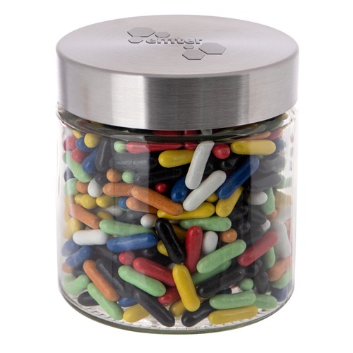 Bocal en verre de 0,9 litre avec embossage, rempli de bonbons Bocal en verre de 0,9 litre avec embossage, rempli de bonbons