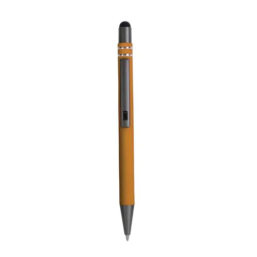 Penna a scatto in alluminio gommato con decorazione a 2 anelli e particolari bruniti con t Penna a scatto in alluminio gommato con decorazione a 2 anelli e particolari bruniti con t