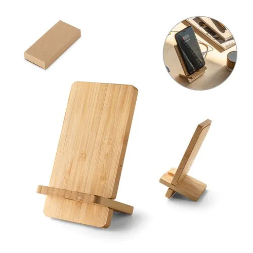 LANGE. Soporte para smartphone con cargador inalámbrico, rápido, de 15 W en bambú LANGE. Soporte para smartphone con cargador inalámbrico, rápido, de 15 W en bambú