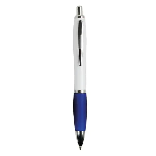 Penna a scatto in plastica ABS, con fusto bianco, impugnatura colorata gommata Penna a scatto in plastica ABS, con fusto bianco, impugnatura colorata gommata