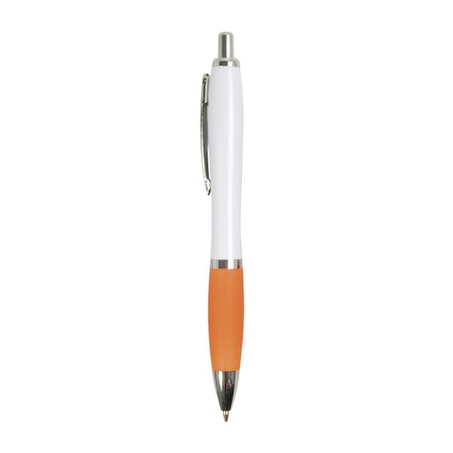 Penna a scatto in plastica ABS, con fusto bianco, impugnatura colorata gommata Penna a scatto in plastica ABS, con fusto bianco, impugnatura colorata gommata