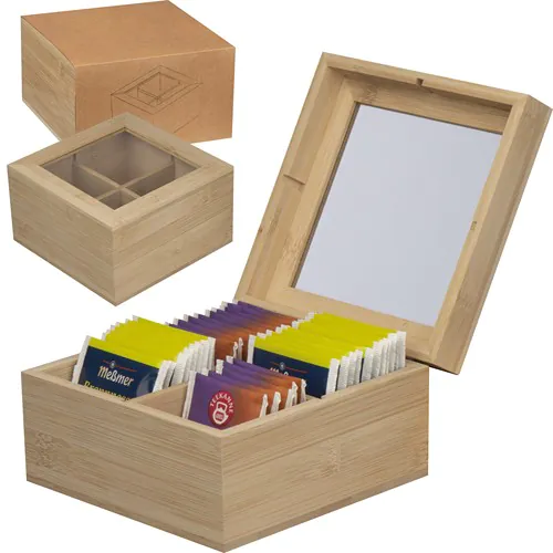 Boîte de rangement pour le thé en bambou avec couvercle en verre pour 40 sachets de thé