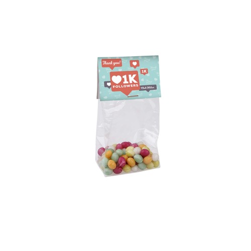 Block bottom bag with header card and 50 grams of sweets