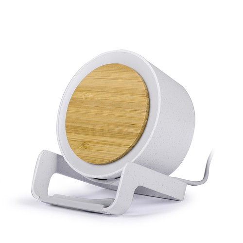 ALTAVOZ BLUETOOTH CON CARGADOR INALÁMBRICO EN PAJA DE TRIGO+ABS, BAMBÚ