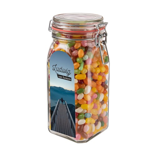 Big glass jar 1,5 liter, filled with candy Big glass jar 1,5 liter, filled with candy